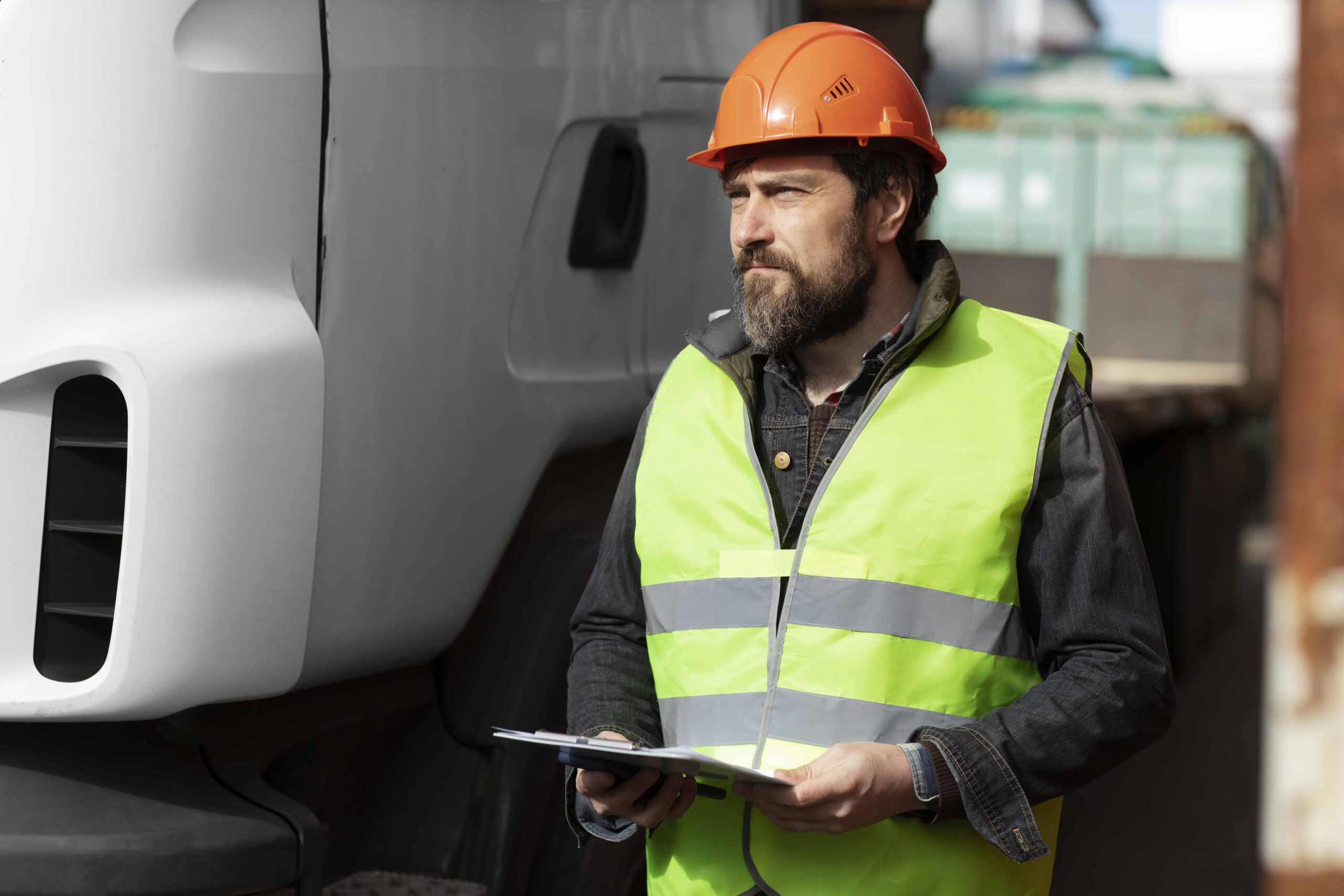Trucking manager wearing hard hat and safety vest holding clipboard