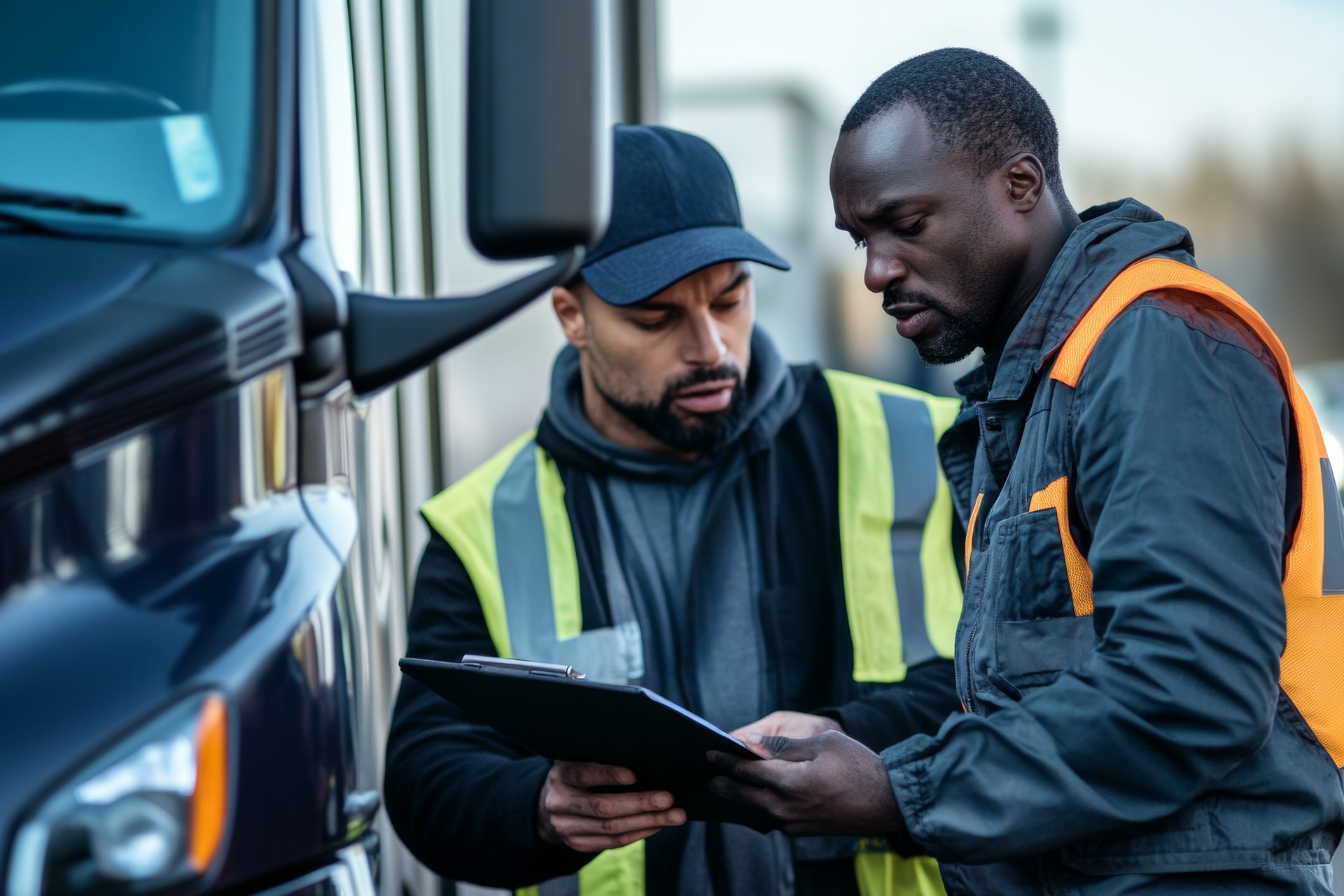 Two men wearing safety vests working in trucking transportation ship in British Columbia