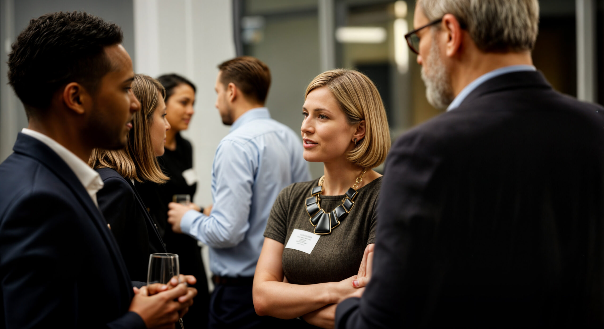 Successful businesswoman attending a corporate networking event with diverse colleagues in a modern office setting Successful businesswoman attending a corporate networking event with diverse colleagues in a modern office setting