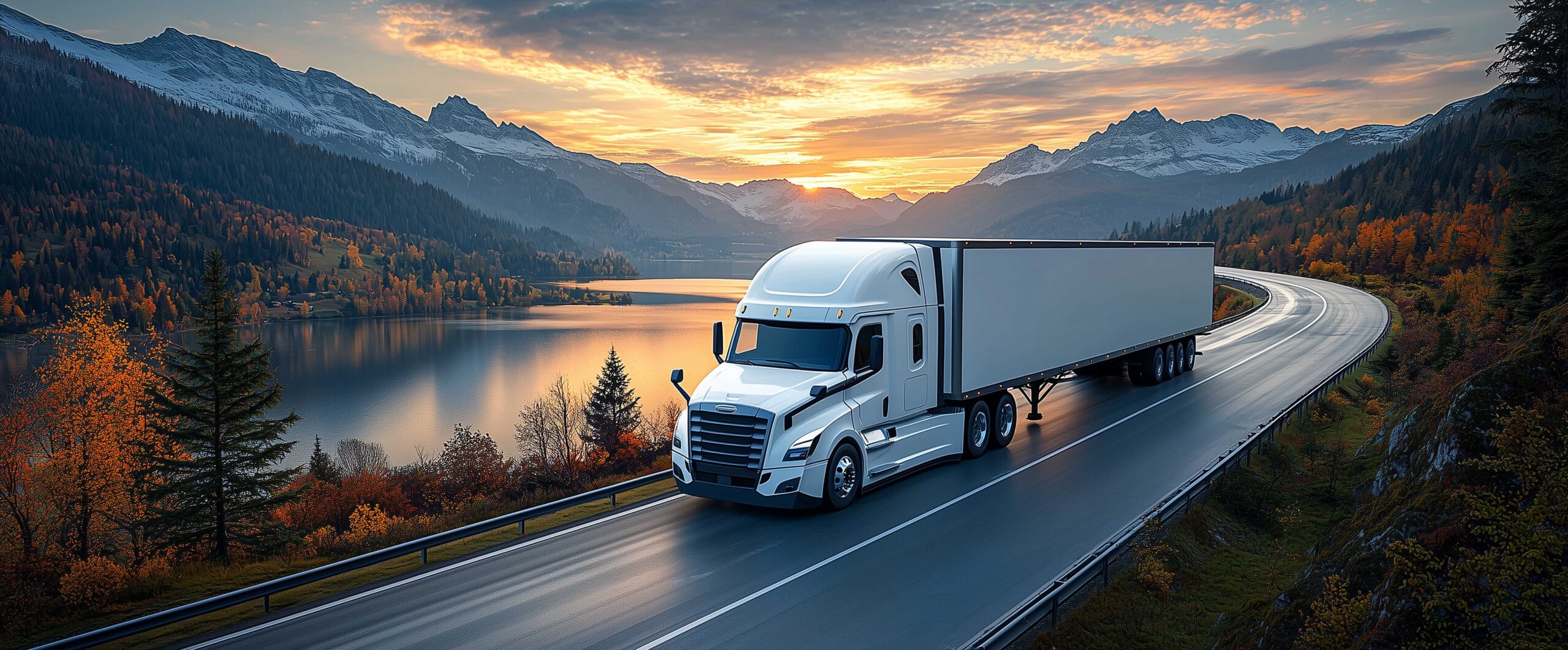 Modern white semi truck driving down scenic highway beside an autumn forest