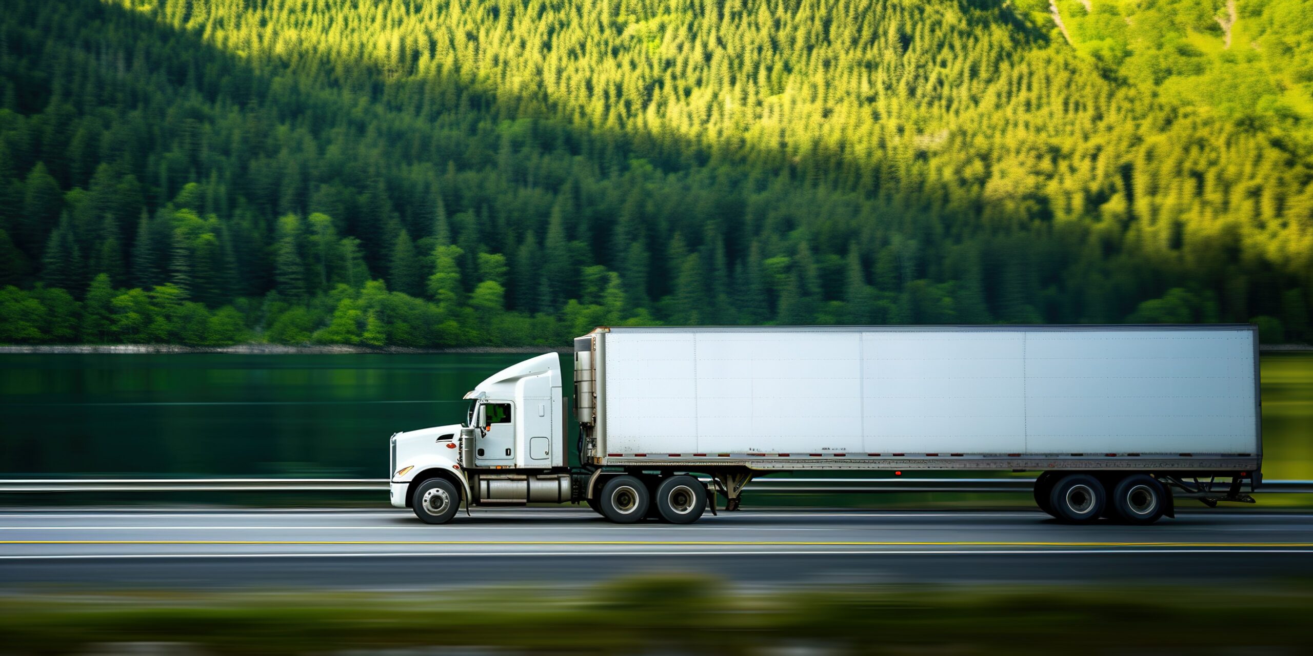 A large white semi truck was driving on the road near the lake. Commercial cargo semi-truck in a refrigerated semi-trailer along the road with green trees near the lake A large white semi truck was driving on the road near the lake. Commercial cargo semi-truck in a refrigerated semi-trailer along the road with green trees near the lake