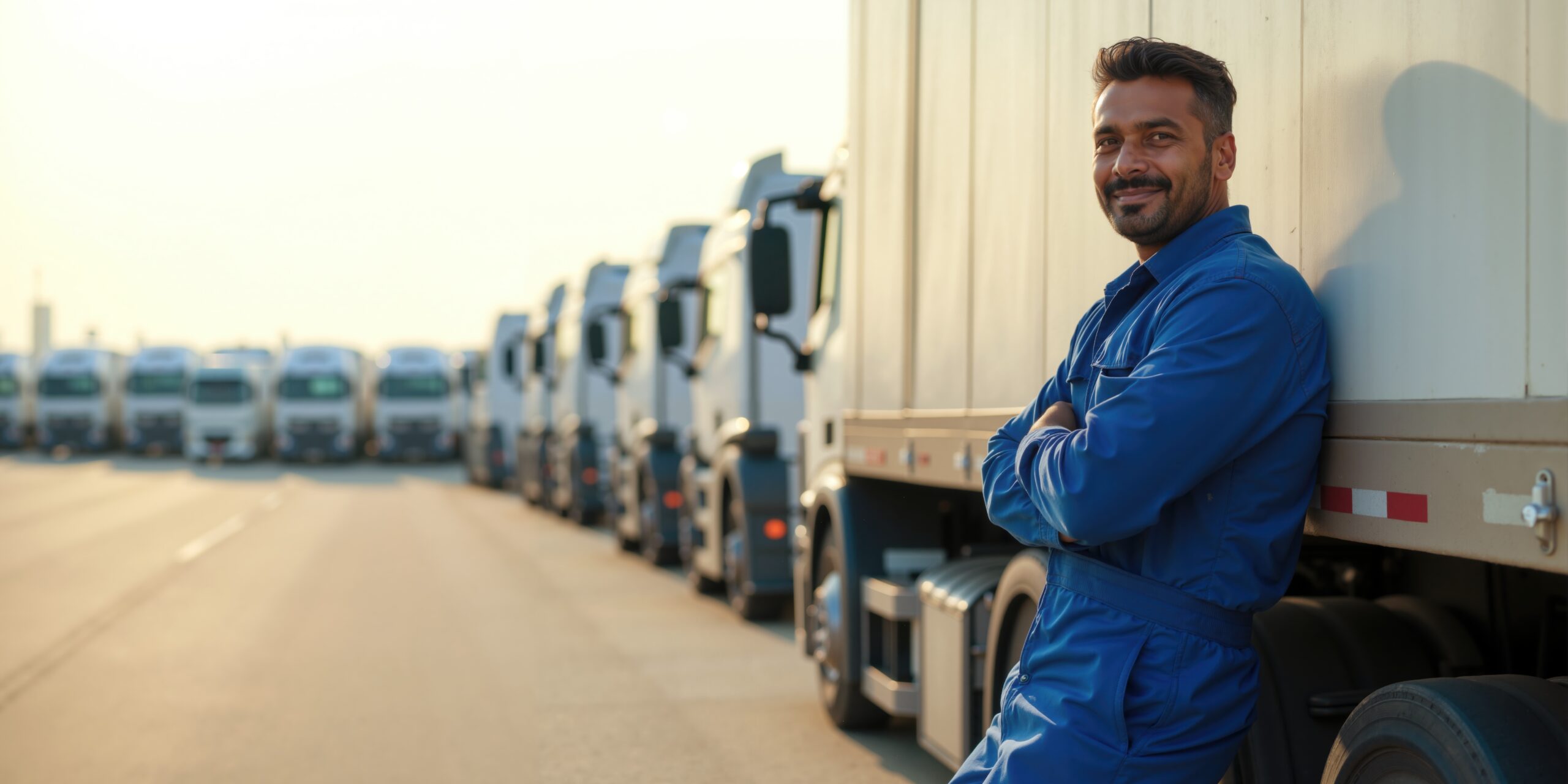 Confident Indian Male Truck Driver in Blue Uniform Standing Beside Fleet of Trucks
