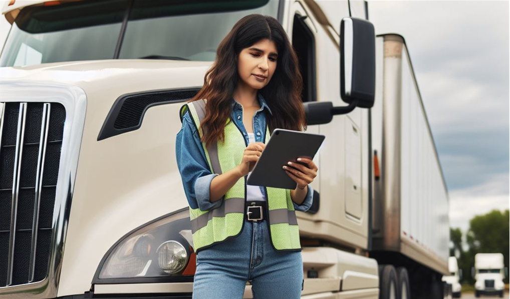 Female truck driver standing in front of semi truck looking over a clipboard