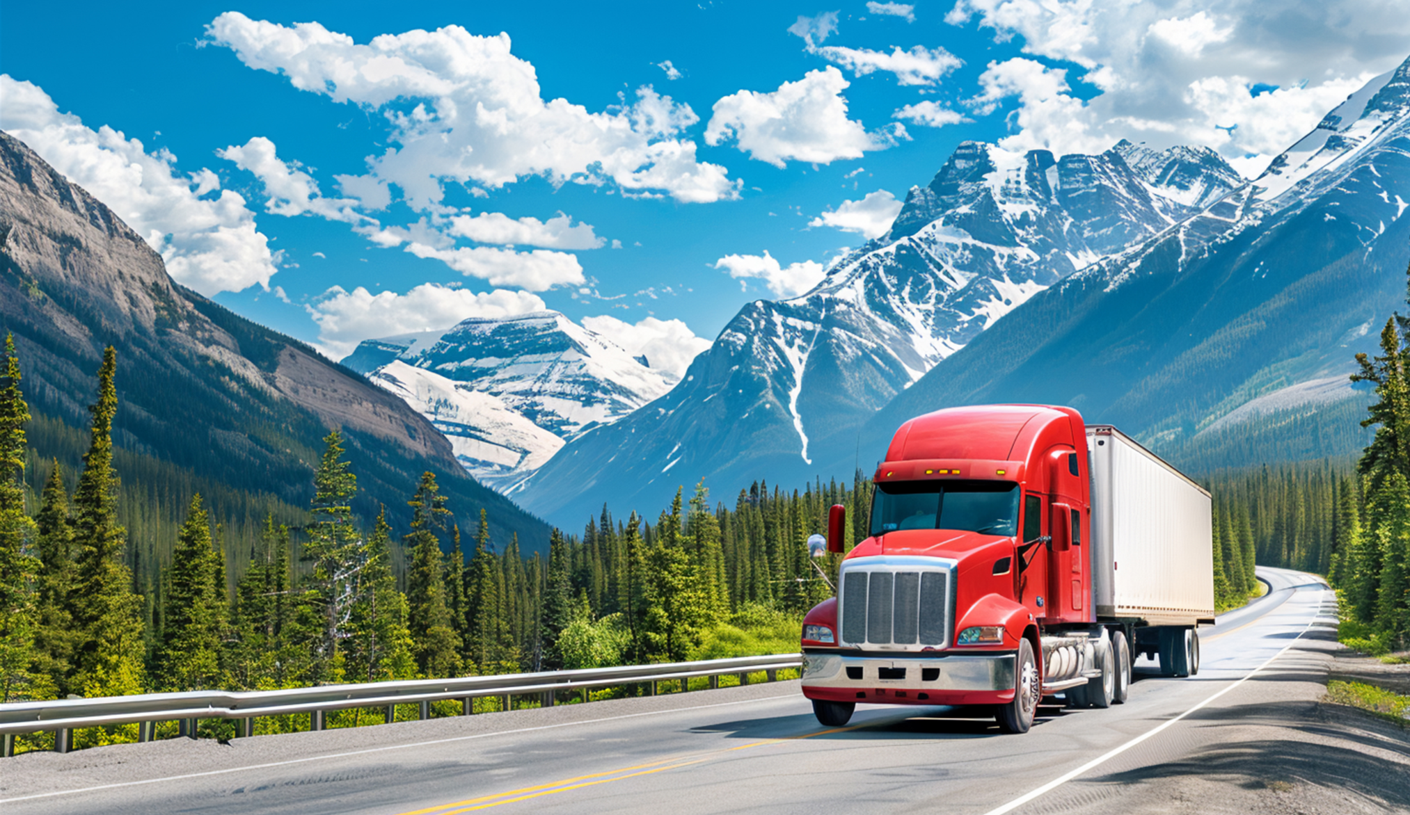 Red semi truck driving on highway beside evergreen forest and snowy mountains